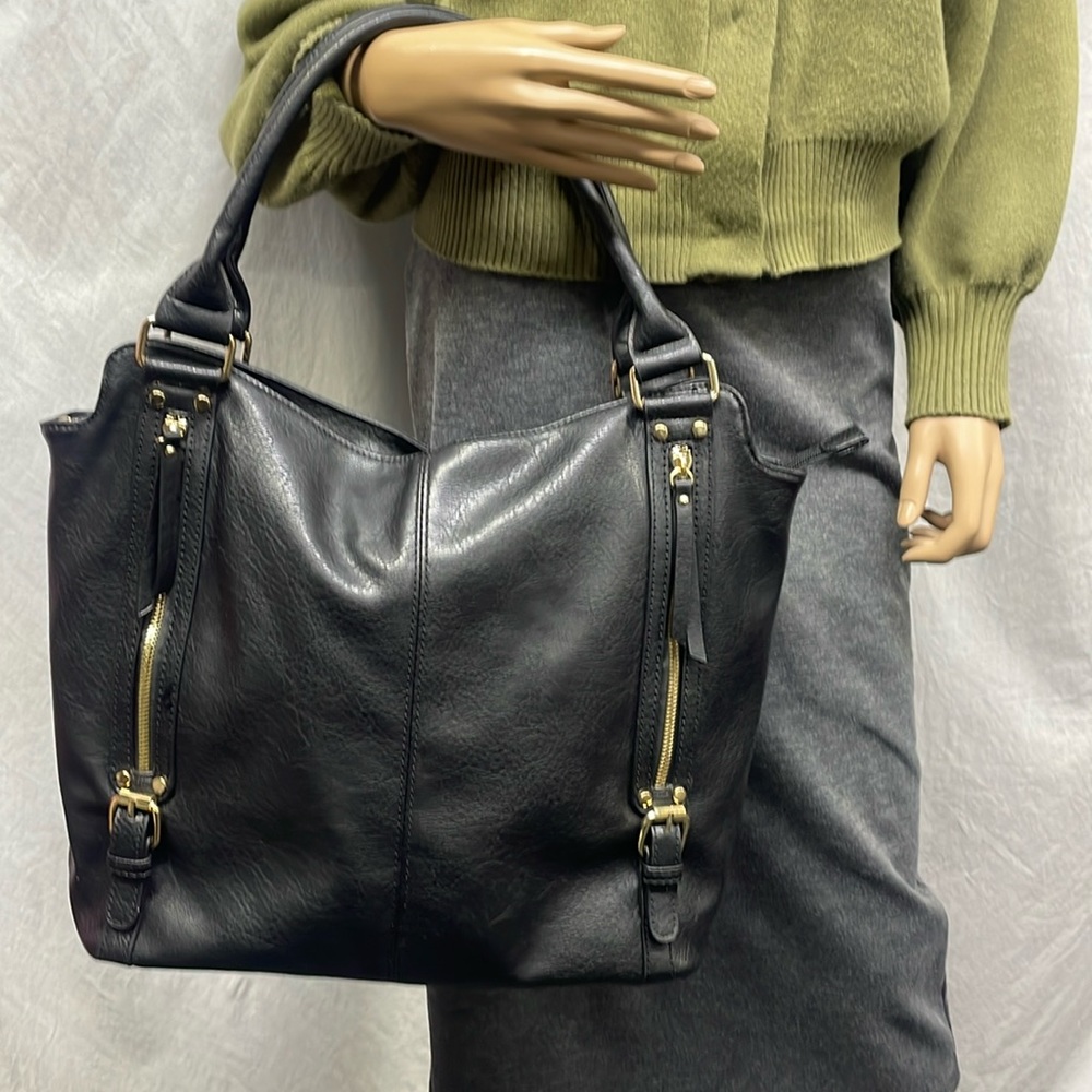 Women's Black with Gold Detailing Shoulder Tote Handbag